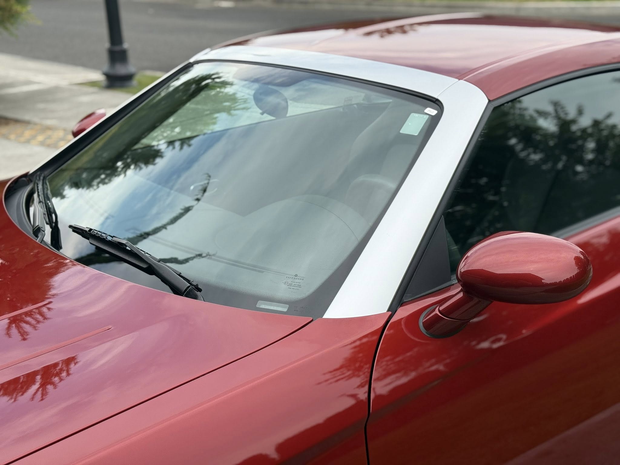 Red car windshield